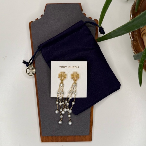 Tory Burch Gold Logo Pearl Tassel Drop Earrings | Statement Dangle - Picture 5 of 12